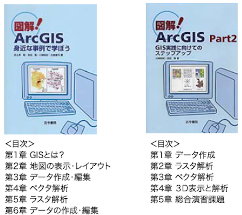 教材として使われる「図解！ArcGIS」シリーズ（古今書院出版）