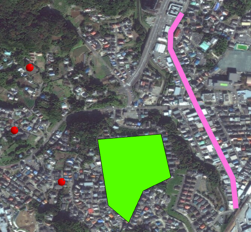 2D 景観でみる 3D フィーチャ　（左からポイント、ポリゴン、ライン）