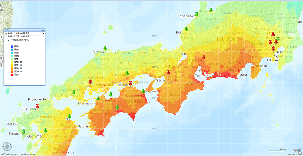 南海トラフ巨大地震の震度分布と拠点情報の重ね合わせ表示例