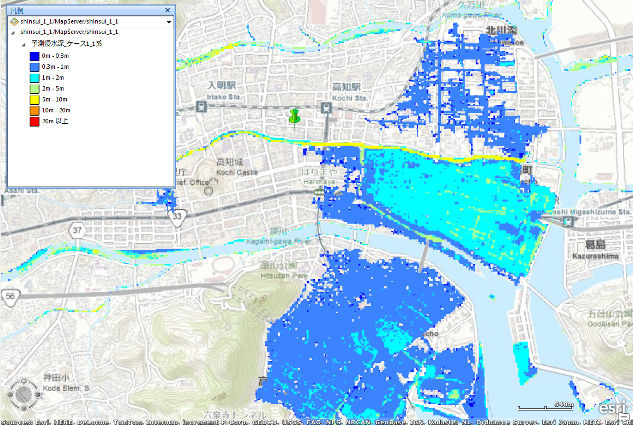 津波浸水深分布と拠点情報の重ね合わせ表示例