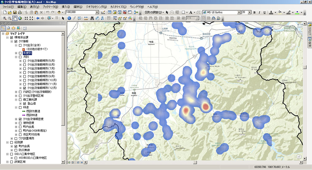 市内でのクマ出没箇所のヒートマップ