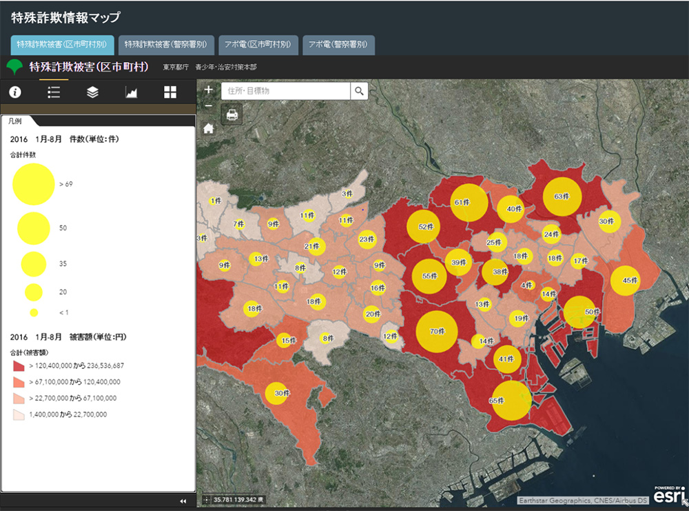 特殊詐欺情報マップ
特殊詐欺（オレオレ詐欺などの総称）の区市町村別・警察署別の発生件数や被害総額をシンボル表現を組み合わせて可視化