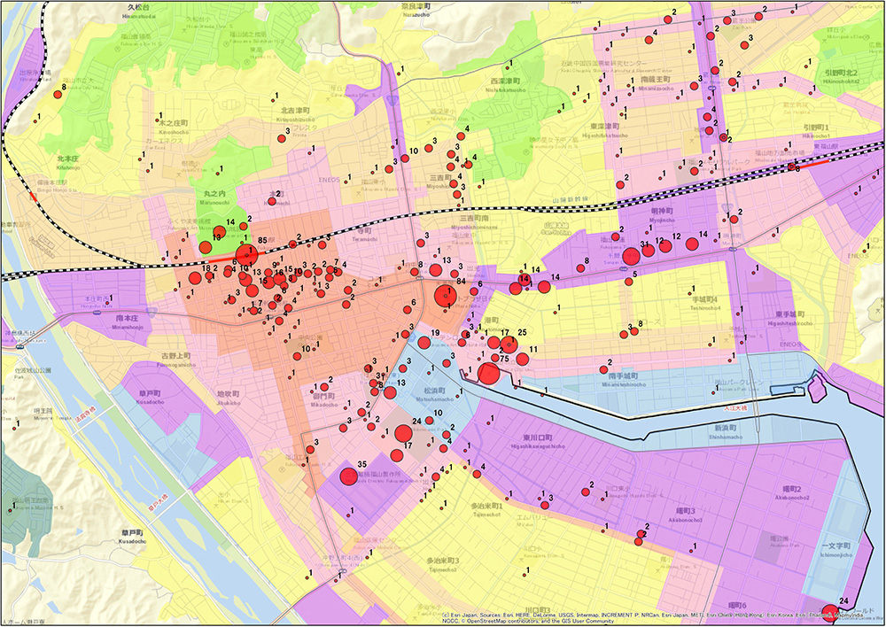 赤い円の大きい箇所に訪問人数が多い