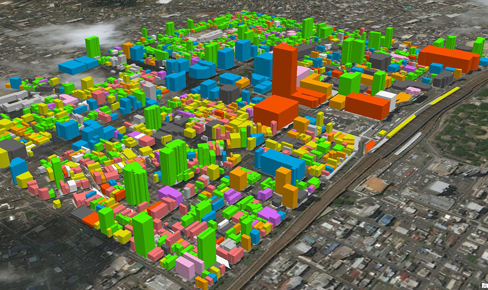 福山市中心市街地の建物用途 3D 地図