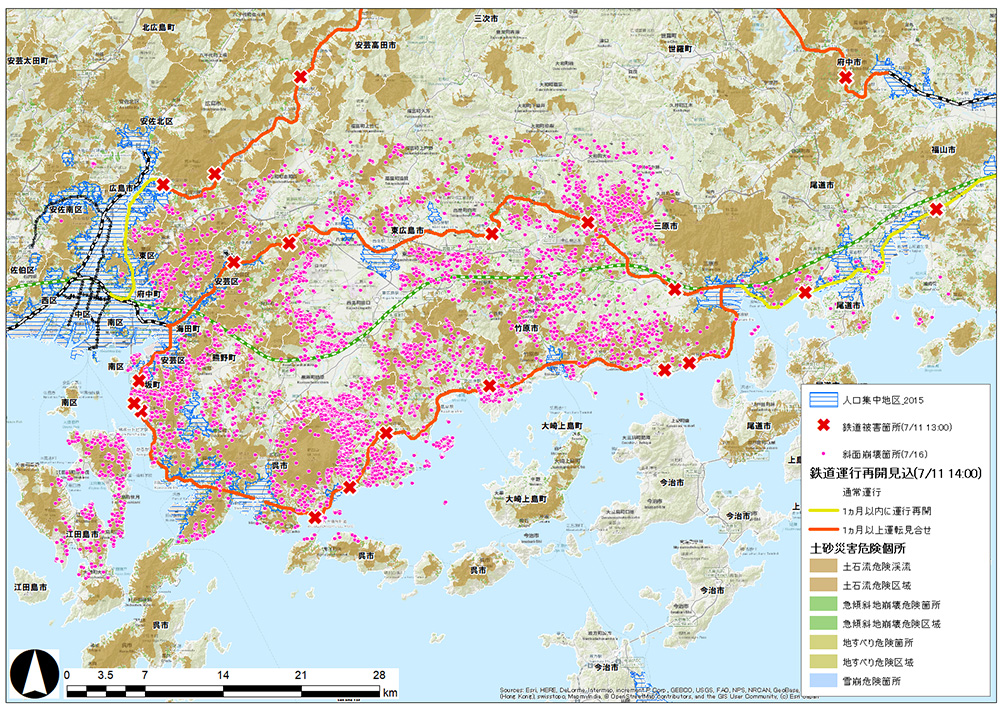 斜面崩壊箇所と鉄道被害箇所と人口集中地区