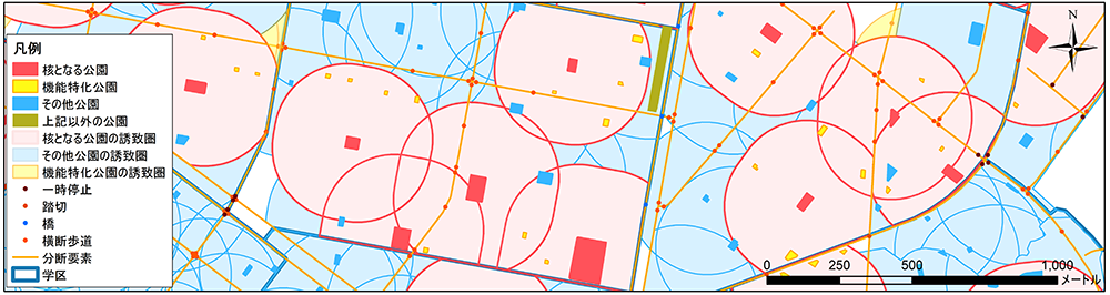 図 4 機能分担を実施する公園の選定結果と誘致圏(機能特化の分断要素等を反映)