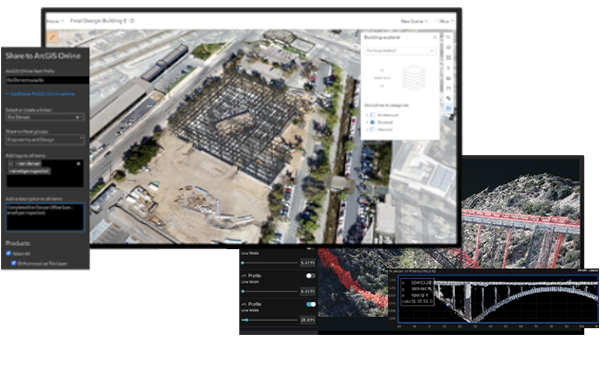 BIM データとドローンからの点群データ(実測値)重畳して表示施工管理を実現。