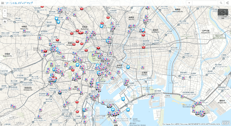 ジオタグの付いた SNS の投稿をマップ上に表示したもの
