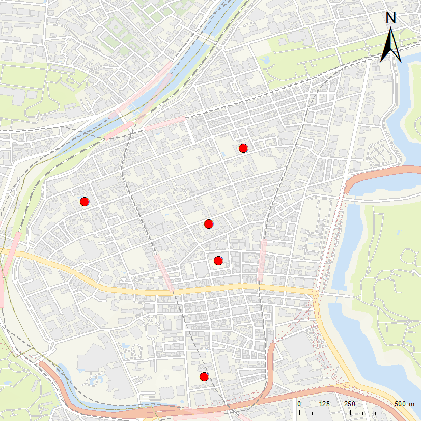 赤いマークが置かれたマップ