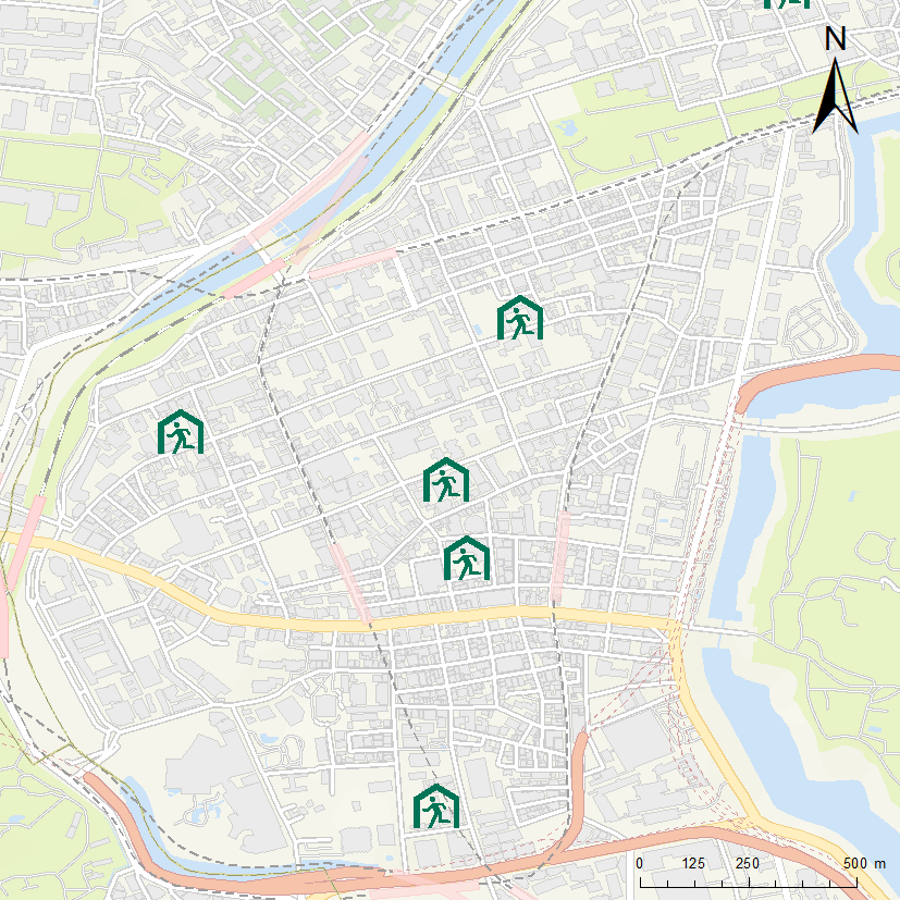 避難所の位置を表しているマップ