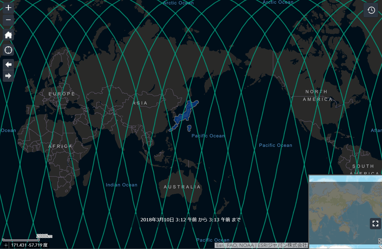 だいち (ALOS-2) の軌道と通過状況の可視化例