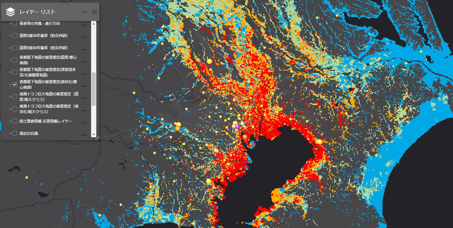 首都直下地震の被害想定（液状化／都心南部）と自社拠点を重ねている