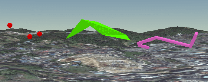 3D 景観でみる 3D フィーチャ　（左からポイント、ポリゴン、ライン）