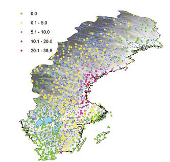 チェルノブイリ事故3 日後の降雨データ（単位mm）。European Commissionﾕs Institute for Environment and Sustainability, Ispra, Italy のデータより地図を作成