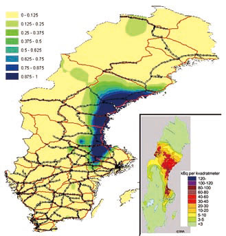 1986/4/29 に6mm 以上の降雨があった確率。鉄道、主要道路の密度からスウェーデンの
人口密度を推測可能。右下の地図はスウェーデンのラジオセシウム土壌汚染地図http://www.sna.se/webbatlas/kartor/vilka.cgi?fritext=cesium より