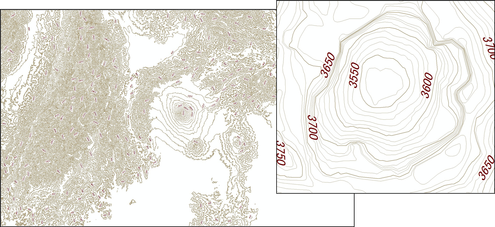 等高線(国土地理院「数値地図(国土基本情報)」を利用)