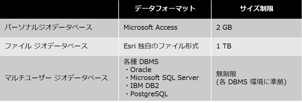 ジオデータベースの種類の表