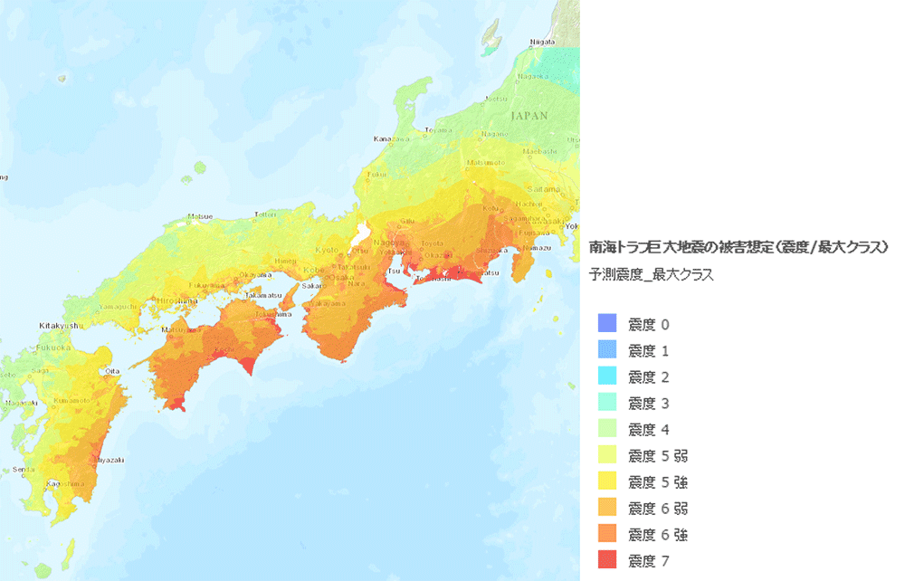 南海トラフ巨大地震の被害想定を表すハザードマップ