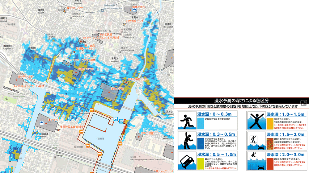津波浸水・高潮発生時の浸水予測を表すハザードマップ
（千葉県船橋市）