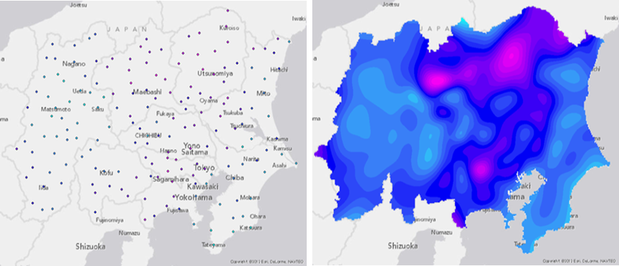 水色が降水量の少ない地域、紫色が降水量の多いマップ