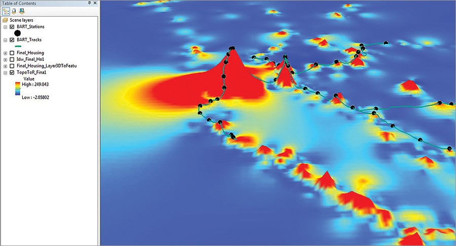 BART の線路や駅周辺の住宅密度を表す 3D マップ