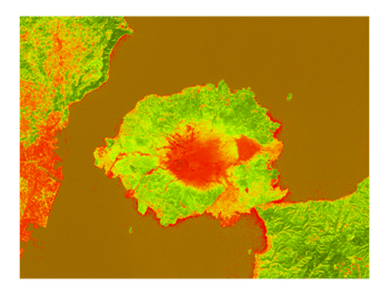 NDVI の算出結果の例（緑の部分は NDVI の値が高いところ、赤の部分は低いところ）