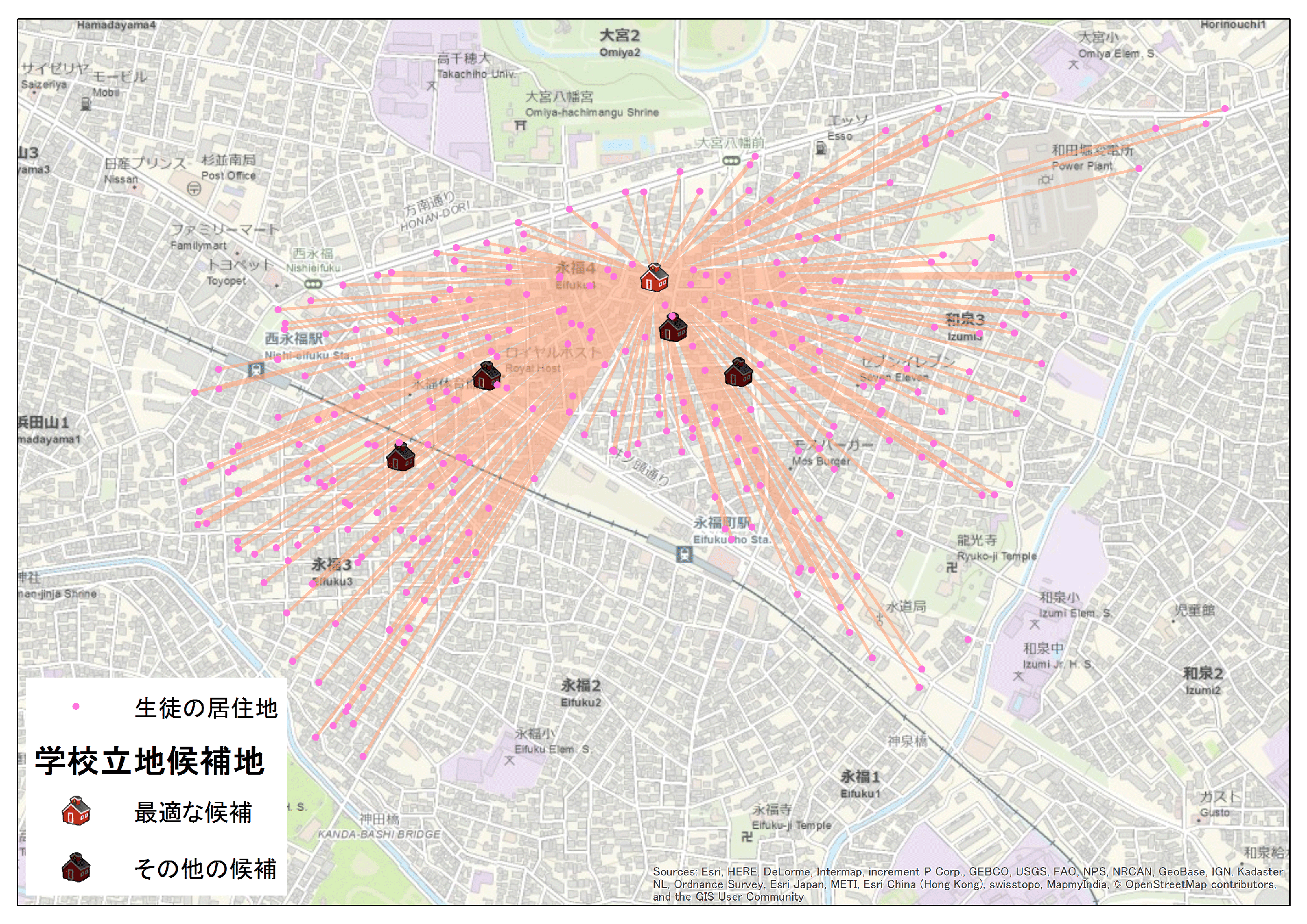 ロケーション-アロケーション解析による学校立地の適地選定結果