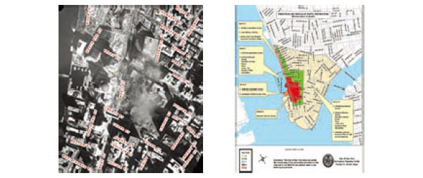 継続的に更新された各種の地図。
航空写真に道路名称を重ねた地図（右）
立ち入り規制地域などを示す地図（左）