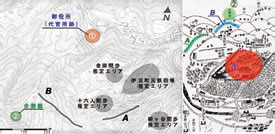 絵図と現状地形図の重ね合せ
（絵図は北からの視点で描いている）