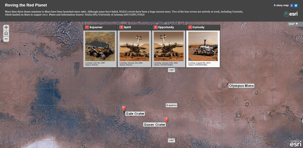 NASA が行っている火星探査機の位置、写真、動画などをまとめたストーリーマップ