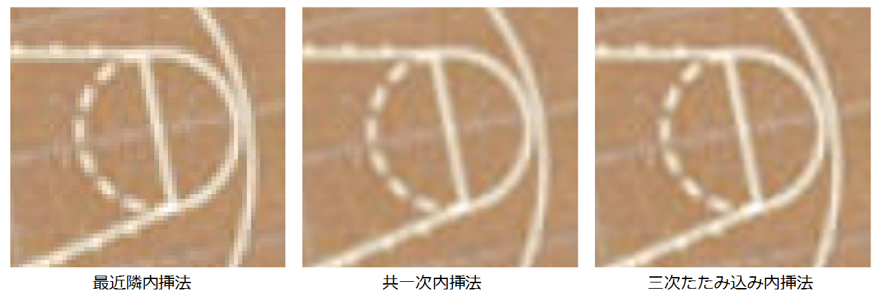 GIS 上のラスター表示におけるリサンプリング手法の比較のイメージ