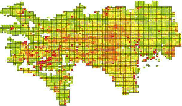 < 20 歳代の 1 人世帯割合を表すメッシュ データ >
これだけでは人口分布の傾向は分かりにくい