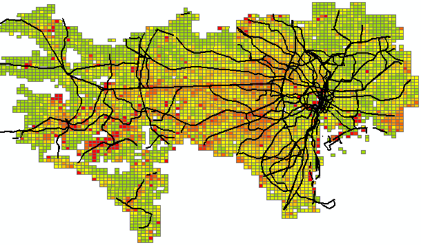 < 鉄道のデータを追加 >
鉄道沿線に 20 歳代の1人世帯が多いことがわかる
