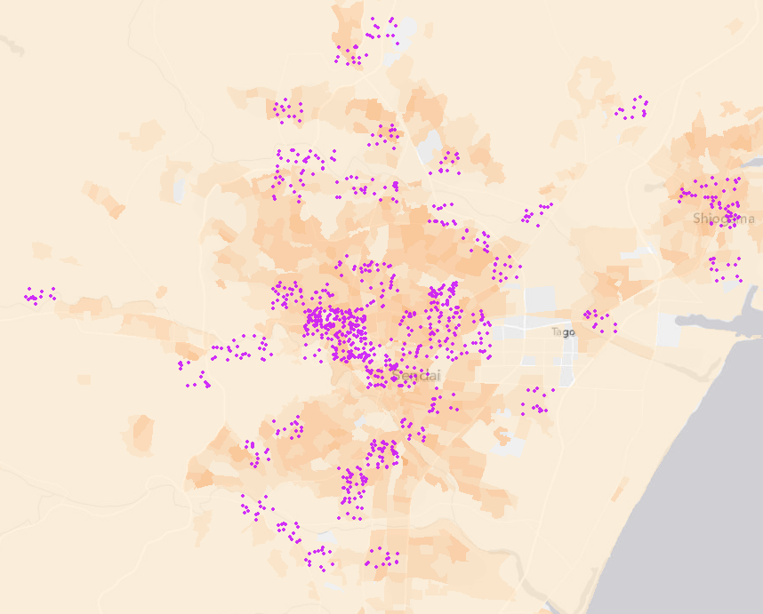ドット密度
(65 歳以上の人口と病院数の密度)