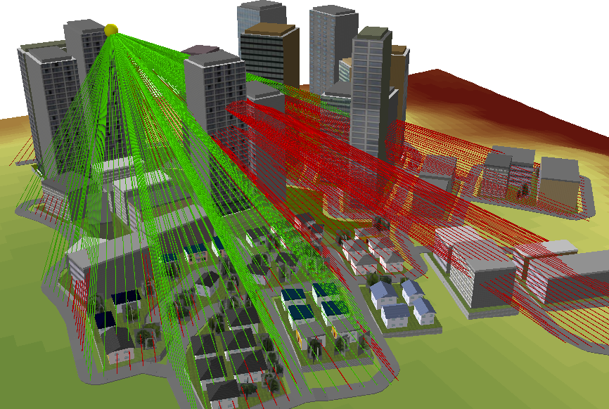 あるビルの最上階に配置した黄色のポイントから道路に対する見通しの可視性を解析した結果
