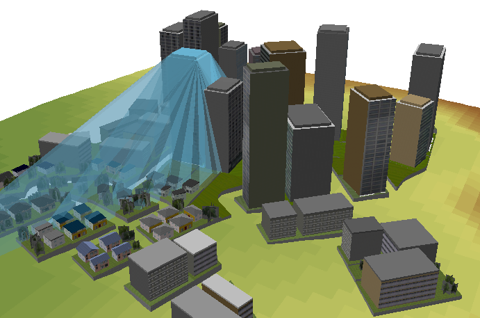 特定の日時の太陽光を使用して、影をモデリングした
