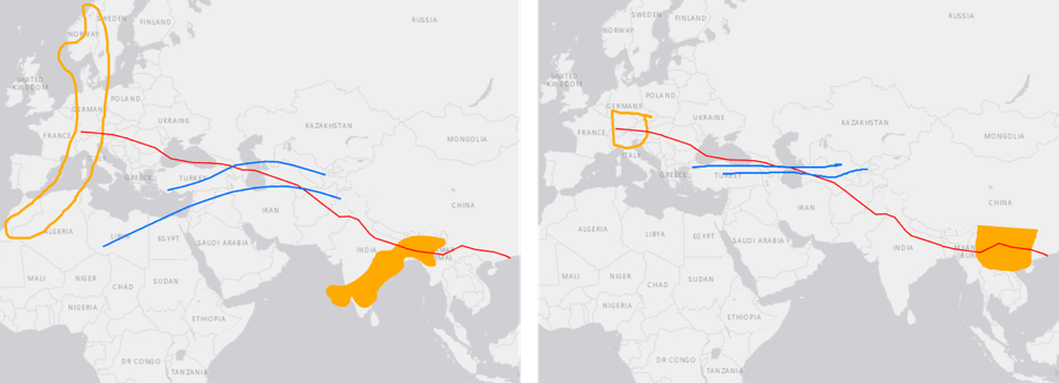 図８：空間的な類似を探すための実際の航空気象の要素（右）と参加者が描画したもの（左）