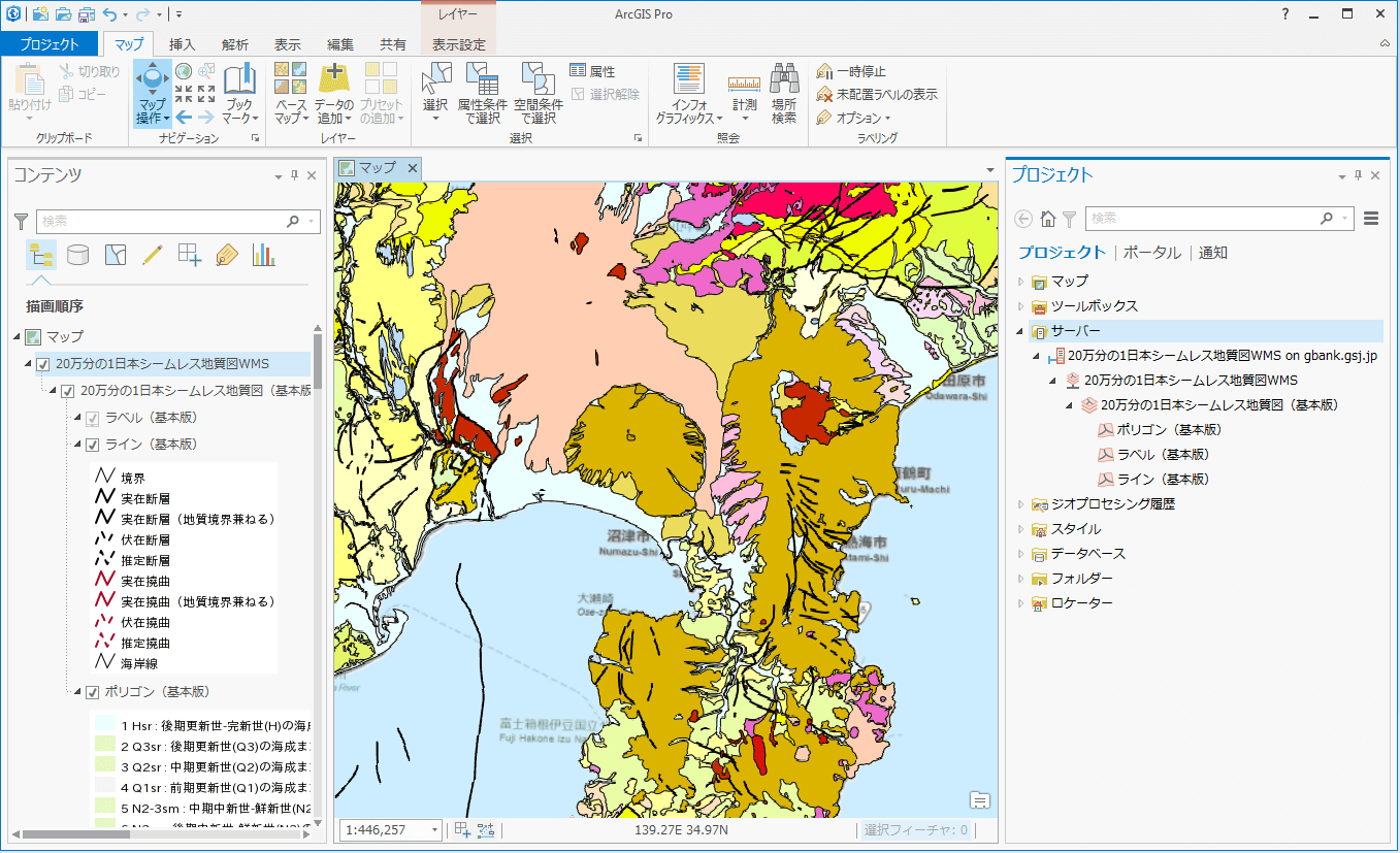 産業技術総合研究所 地質調査総合センターが整備・公開しているデジタル地質図である「20 万分の 1 日本シームレス地質図」の WMS / WMTS サービスのURLを使って作成したマップ
