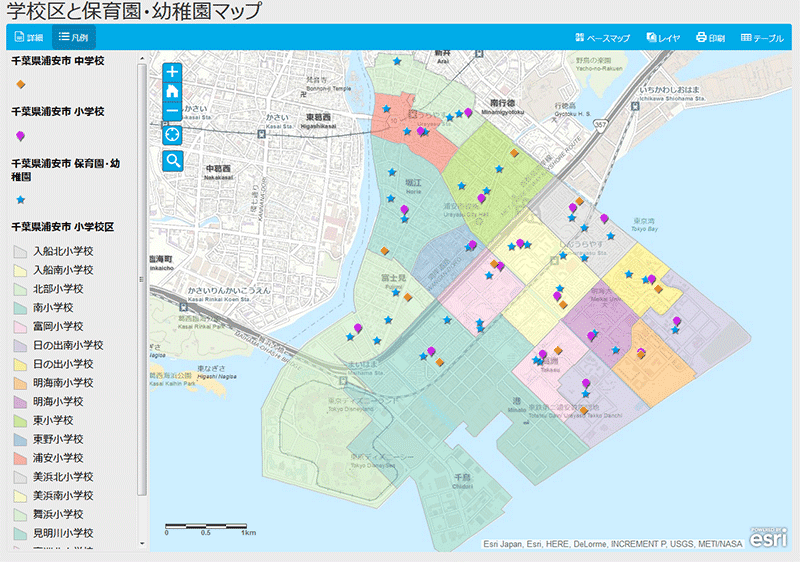 Web マップの例（千葉県浦安市の学校区と小中学校・幼稚園・保育園）
（画像をクリックすると Web マップが開きます）