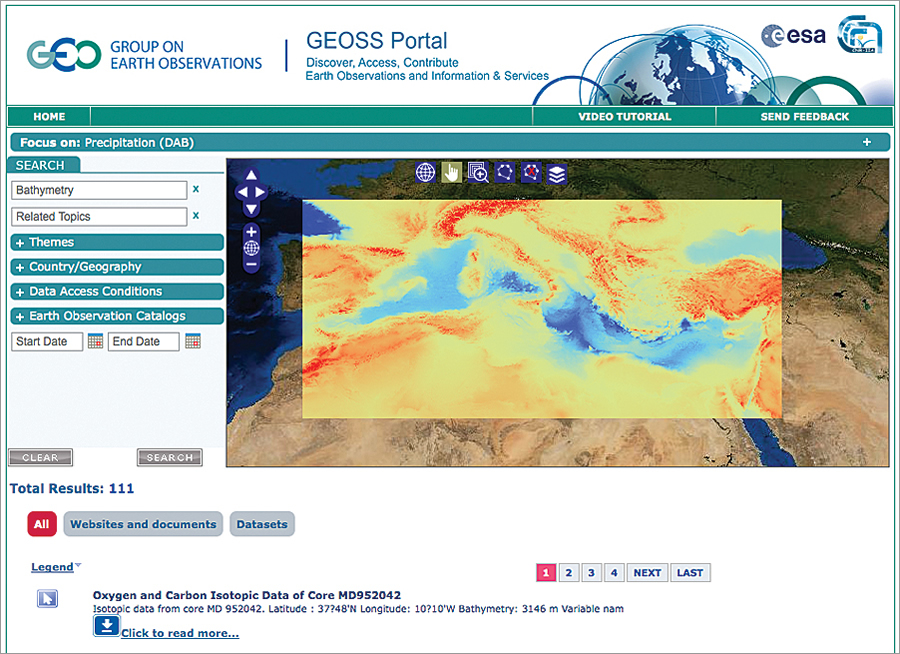 降水量調査のためにGEOSSの酸素、炭素、
気候のセンサーデータをEsriの地中海水深
測量にオーバーレイして分析したもの