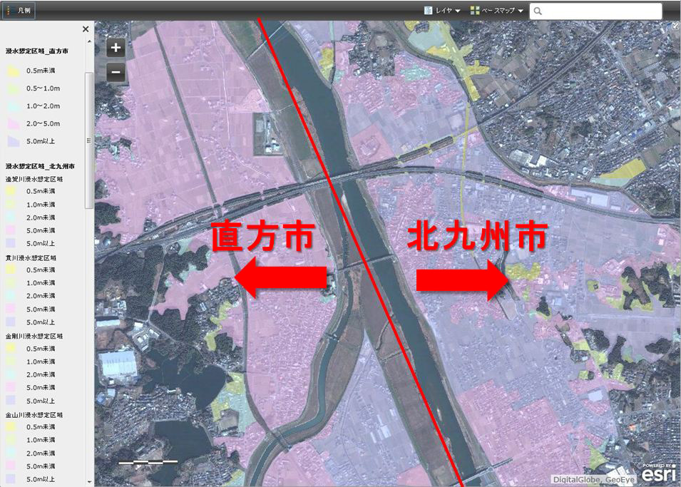 図3：北九州市と直方市を跨ぐ浸水想定区域マップ