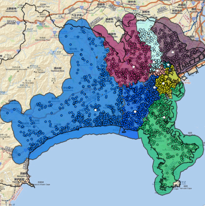 各販売代理店のエリア別顧客集計や市場シェアなどを視覚化