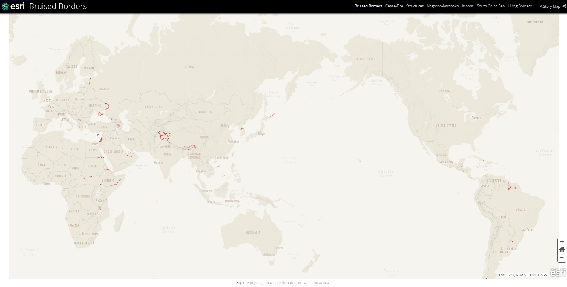 現在進行中の国家領域と境界線をめぐる紛争地域マップ