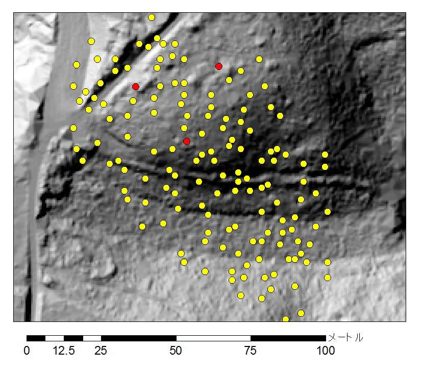 地上レーザーを用いた樹木位置図
(黄色点が地上レーザーにより作成された樹木位置図、
赤色点はセンサー設置箇所)