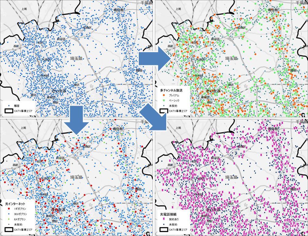 地域別の人口・世帯構成、年収・支出状況に関する統計データを色分けして地図上に表現する