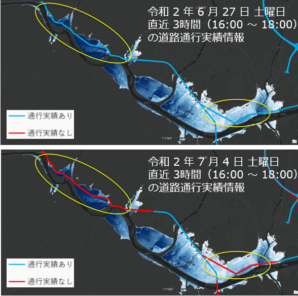 通行実績ベクタータイルサービスによる、災害時における通行可能道路の把握のイメージ