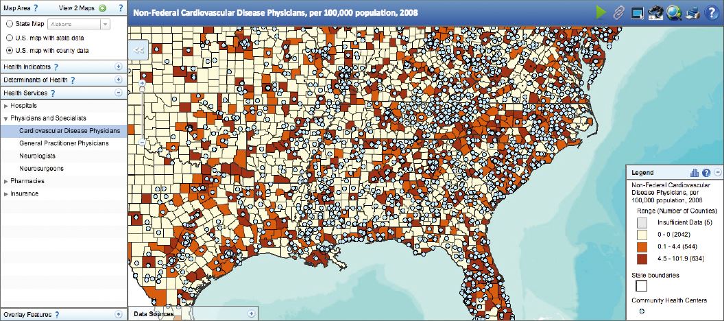 10万人あたりの心臓疾患患者数を色分けしたマップ（2008年～2010年）。色が濃い地域ほど患者数が多い。