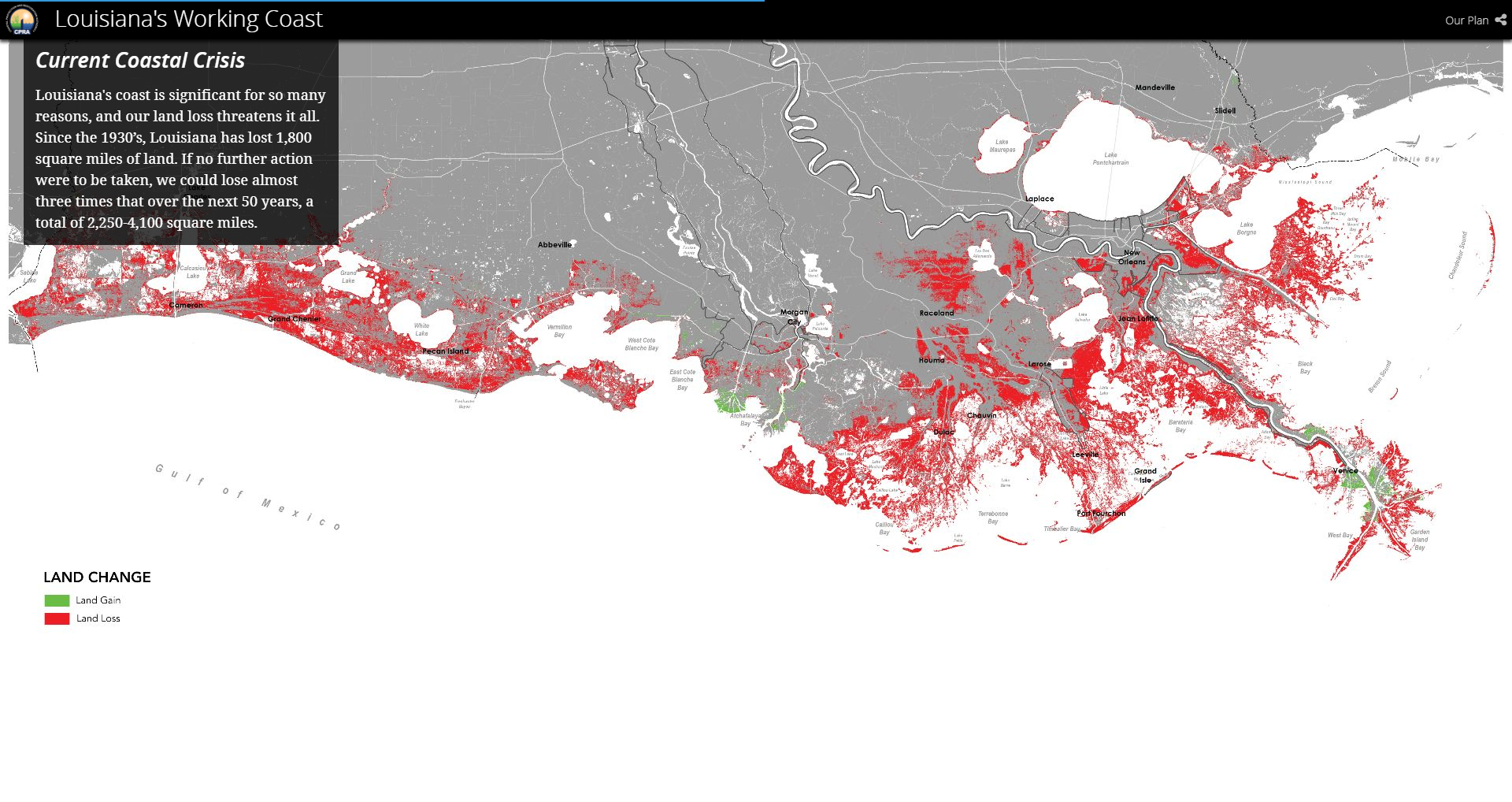 50年後の土地減少予測マップ。赤いエリアは土地の減少、緑のエリアは増加を表す。