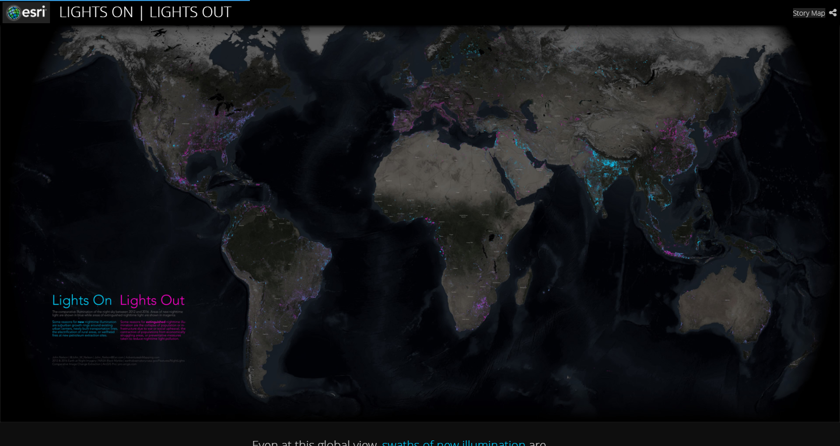 地球規模で見ても、光が増えた地域（水色）、減少または消えた地域（ピンク）が分かります。また、大都市など光の増減に変化がなかった地域は穴が開いたように見えます。