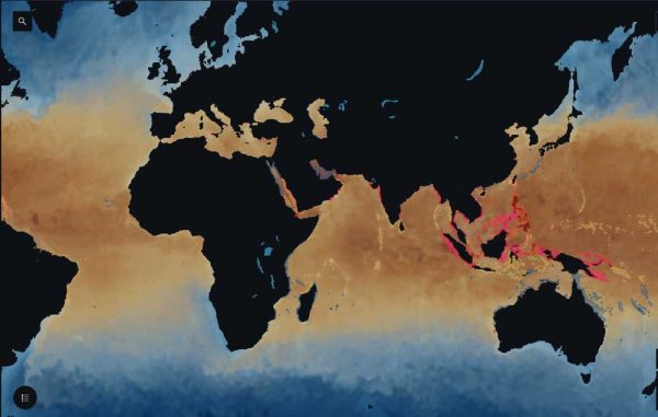 海面水温上昇によるサンゴ礁の白化警告マップのイメージ